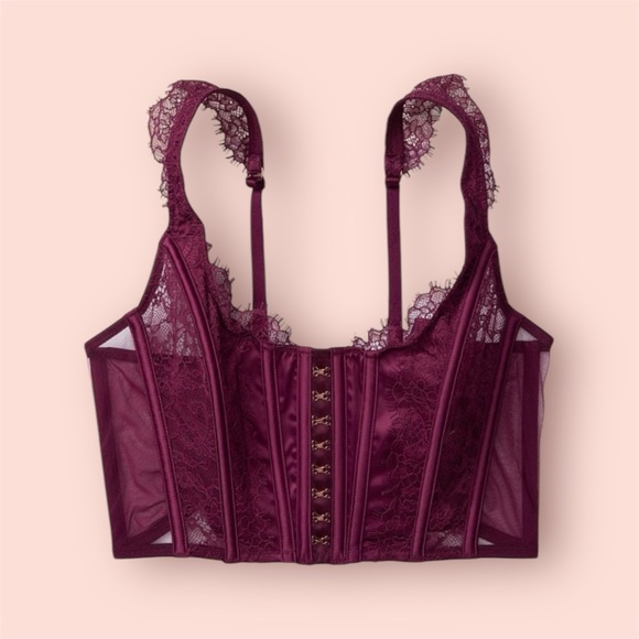 Victoria's Secret Other - NWT Victoria’s Secret unlined eyelash lace hook & eye berry satin bustier corset